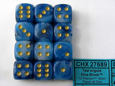 Phantom Teal/gold D6 16mm Dobbelsteen Set (12 stuks)