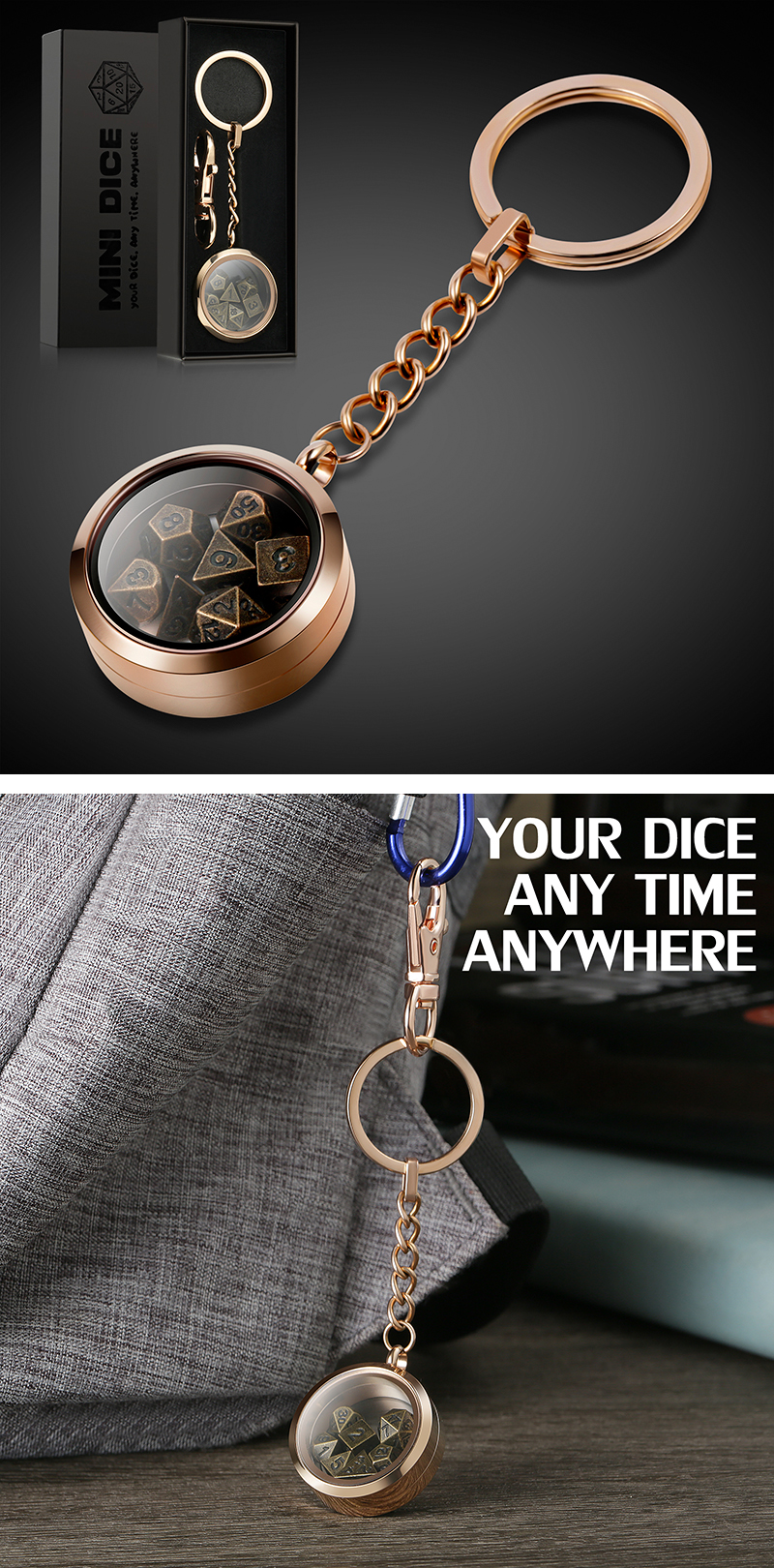 Mini Metal Dice Set Keychain - Rose Gold