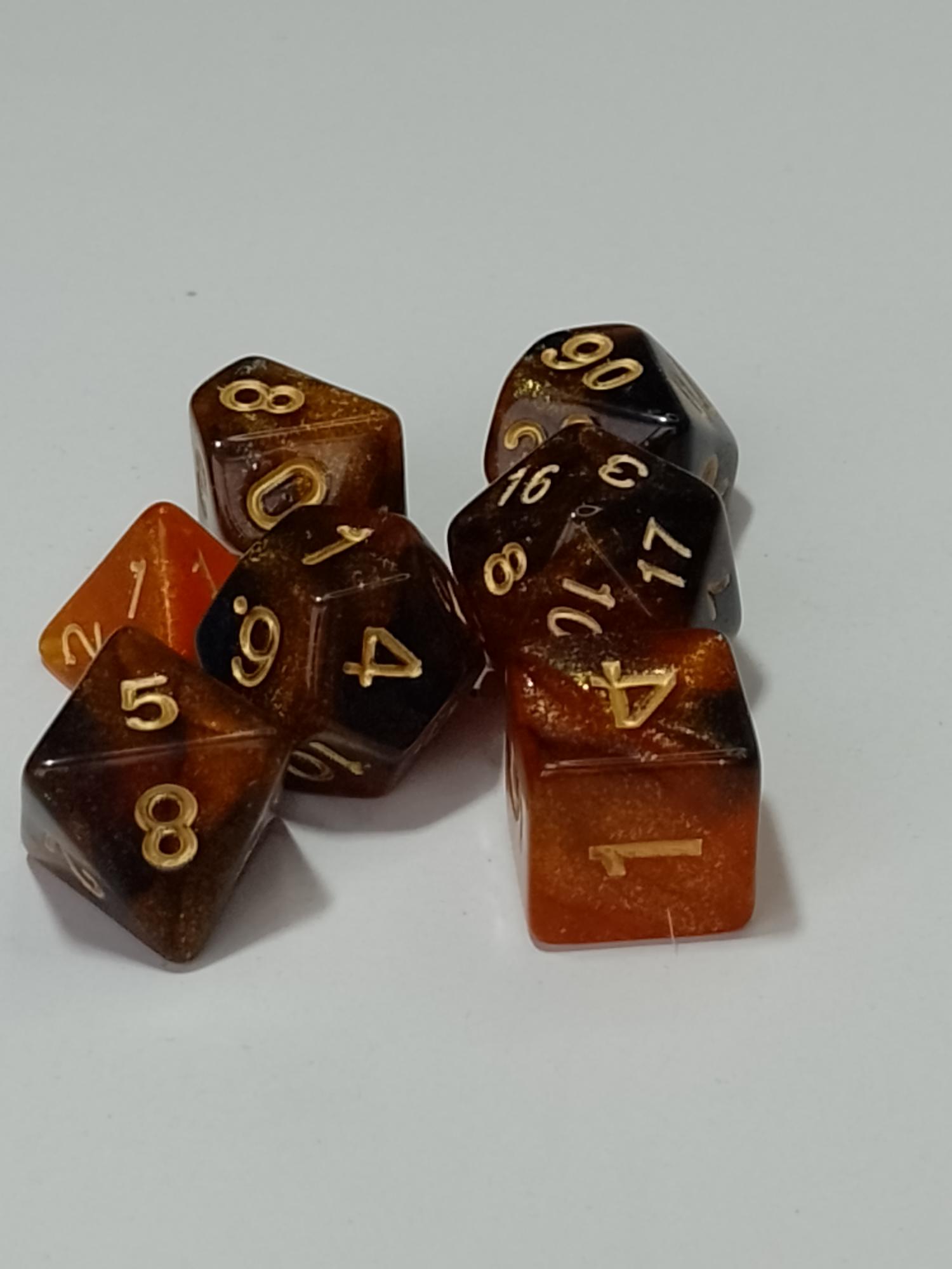 RPG Dice set (7) double transparant zwart/koper glitter