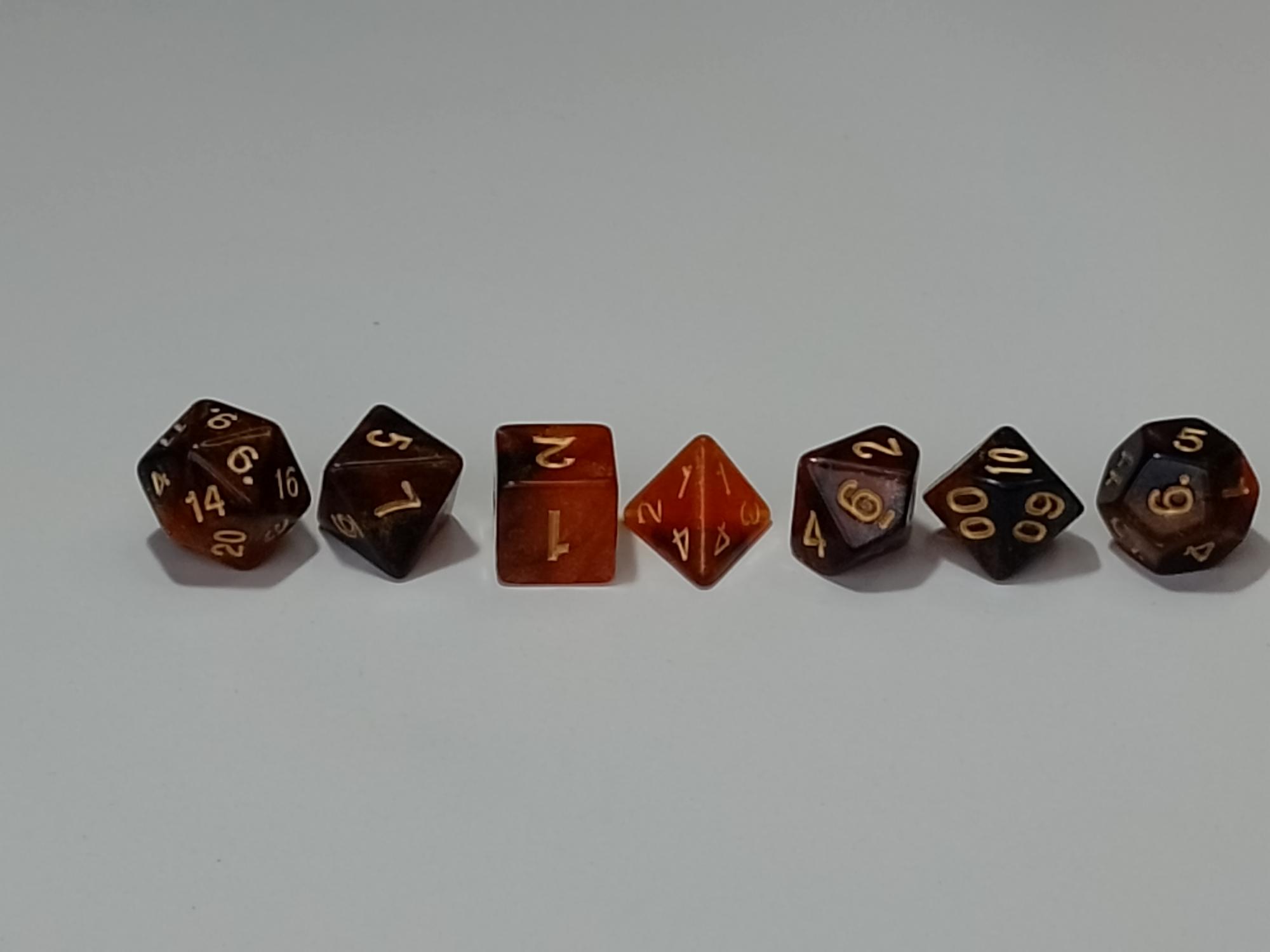 RPG Dice set (7) double transparant zwart/koper glitter