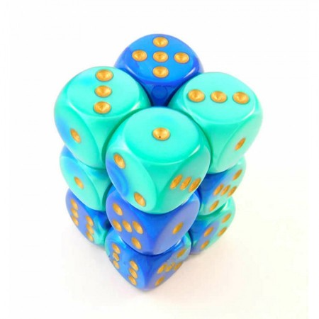 Gemini Blue-Teal/gold D6 16mm Dobbelsteen Set (12 stuks)